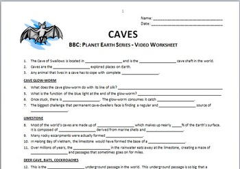 Planet Earth - CAVES - Video Questions Worksheet Editable by Tangstar