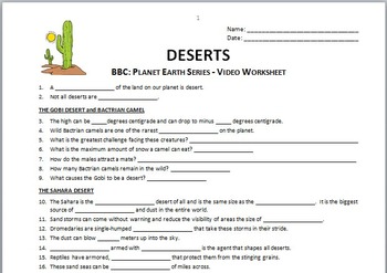 Planet Earth - DESERTS - Video Questions Worksheet Editable | TpT