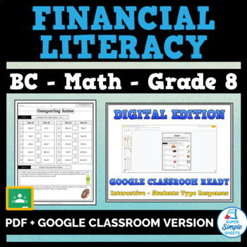 Preview of BC - Math - Grade 8 - Financial Literacy Strand - GOOGLE AND PDF