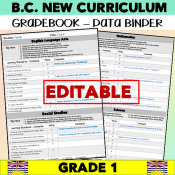 Preview of BC New Curriculum Assessment Binder for GRADE 1 | EDITABLE Gradebook | NWT