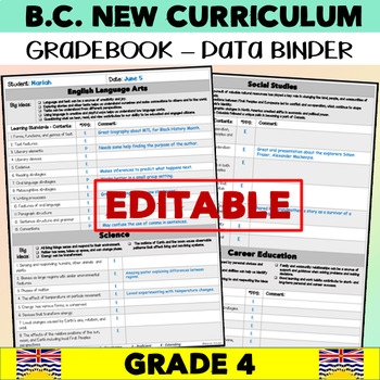 Preview of BC New Curriculum Assessment Binder for GRADE 4 | EDITABLE Gradebook | NWT