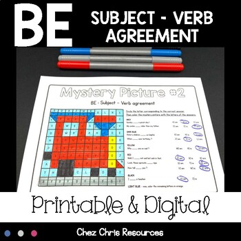 Preview of BE Subject Verb Agreement Mystery Pictures - PRINTABLE & DIGITAL