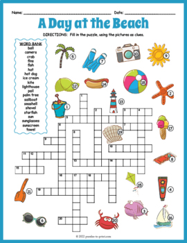 BEACH THEME DAY SUMMER Crossword Puzzle Worksheet Activity by Puzzles