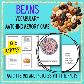 Preview of BEANS Definitions Vocabulary Memory Matching Game Prostart Flash Cards
