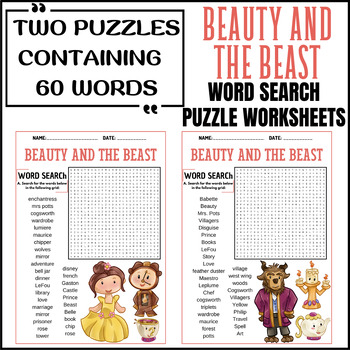 BEAUTY AND THE BEAST word search puzzle worksheets activities TPT