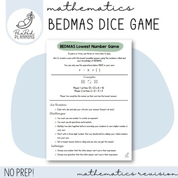 Preview of BEDMAS Dice Game