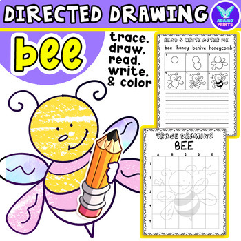 Preview of BEE Directed Drawing: Writing, Reading, Tracing & Coloring Activities Worksheet