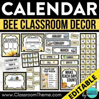 Preview of BEE Theme CLASSROOM CALENDAR SET numbers cards math bulletin board editable