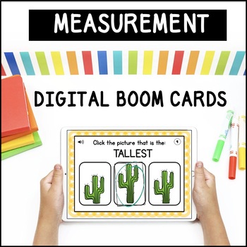 Preview of MEASUREMENT: BOOM CARDS Height, Length, Weight and Capacity (K, 1st, Special Ed)