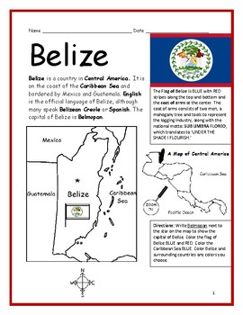 Preview of Introduce Belize Printable Map Activity and Reading Comprehension Questions