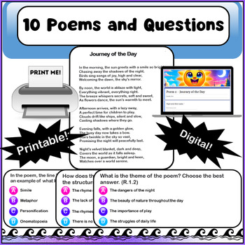 Preview of BEST Poetry Test Prep - 10 Poems and Questions, Theme, Figurative Language