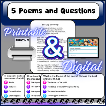 Preview of BEST Poetry Test Prep, 5 Poems and Questions, Theme, Summary