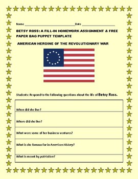 Preview of BETSY ROSS: A HOMEWORK FILL-IN ACTIVITY W/ FREE PAPER PUPPET, K-3