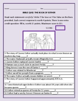 Preview of BIBLE QUIZ: BOOK OF ESTHER/ PURIM HOLIDAY  GRS. 5-12  W/ ANSWER KEY
