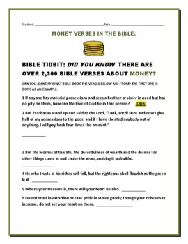 Preview of BIBLE VERSES ABOUT MONEY:  GRS. 7-12, SUNDAY SCHOOL