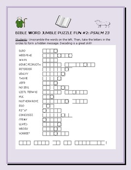 Preview of BIBLE WORD JUMBLE PUZZLE FUN #2: PSALM 23  W/ ANSWER KEY