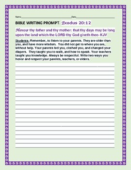 Preview of BIBLE WRITING PROMPT: HONORING YOUR PARENTS: EXODUS 20:12