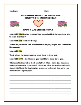 Preview of BIBLE WRITING PROMPT: THE GOLDEN RULE & VALENTINE'S DAY:  GRS. 4-12
