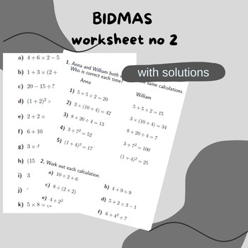 bidmas worksheet no 2 with solutions by math w tpt