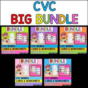 Preview of BIG BUNDLE : CVC Center Picture Word Cards + Worksheets - Pocket Charts