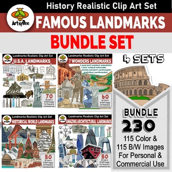 Preview of BIG BUNDLE  of Famous World Landmarks - 230 realistic clip art image Color + B/W