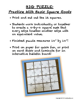 Preview of BIG HUGE PUZZLE Square Roots Practice - Great Bulletin Board Too