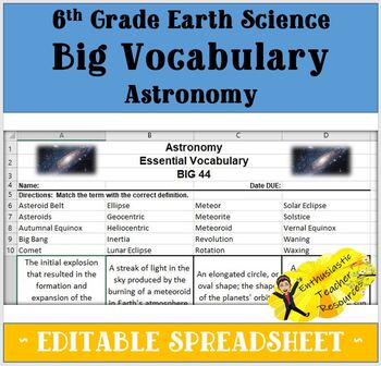Preview of BIG Vocabulary - Astronomy Unit EDITABLE SPREADSHEET
