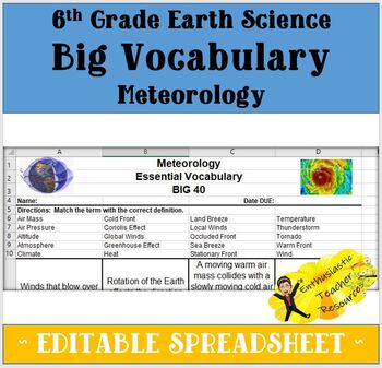 Preview of BIG Vocabulary - Meteorology Unit EDITABLE SPREADSHEET