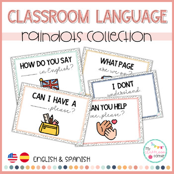 Preview of BILINGUAL Classroom Language Posters - Rainbows & Dots Classroom Decor