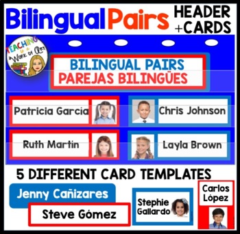 Preview of BILINGUAL PAIRS Editable Card TEMPLATES and HEADER- Red and Blue