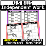 U.S. BILLS Independent Work Binder Money File Folders for 