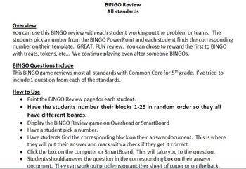 BINGO Review Common Core 5th Grade Math All Standards by Rebecca Sims