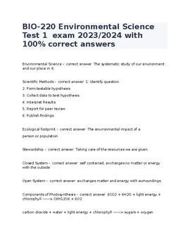 Preview of BIO-220 Environmental Science Test 1  exam 2023/2024 with 100% correct answers