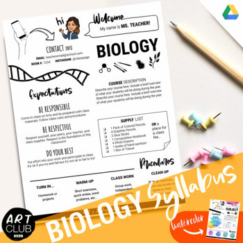 Preview of BIOLOGY SYLLABUS Template | Editable B&W Version + Watercolor Version
