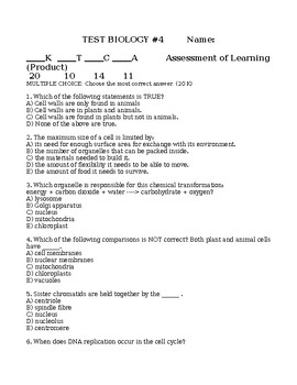 Preview of BIOLOGY TEST + ANSWER KEY Biology Unit Test Grade 10 Biology Science Test #4