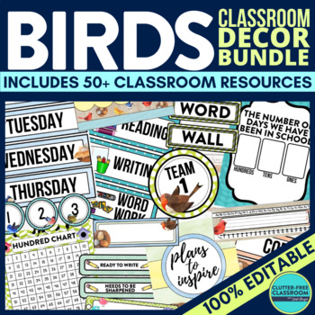 Preview of BIRD Classroom Decor Bundle BOHO BIRDS Theme Decorations Editable whimsy bright