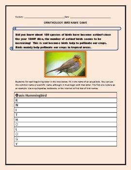 Preview of BIRD NAME GAME: A FUN ORNITHOLOGY ACTIVITY: GRS.4-8, SUMMER CAMP, CLUBS