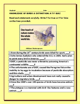 Preview of BIRDS & EXTINCTION: A T/F QUIZ W/ ART PORTION: GRS. 4-8, MG, SUMMER CAMP