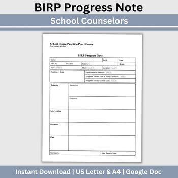 BIRP Progress Note for School Counselors, Editable Google Doc | TPT