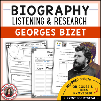 Preview of BIZET Music Listening Activities and Biography Research Worksheets