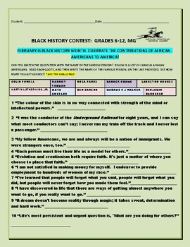 Preview of BLACK HISTORY CONTEST: QUOTES/W ANSWER KEY/  GRADES 6-12, MG