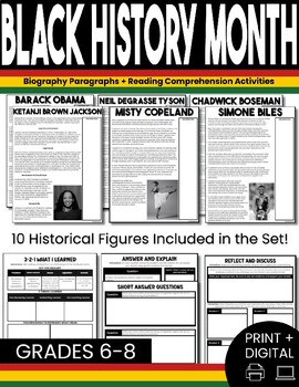 Preview of BLACK HISTORY MONTH: Biographies and Reading Comprehension Activities Grades 6-8