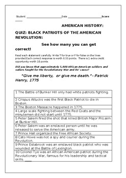 Preview of BLACK PATRIOTS OF THE AMERICAN REVOLUTION: A QUIZ/  GRS. 7-12 W/ANS.KEY