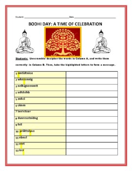 Preview of BODHI DAY CELEBRATION: DECEMBER 8: A VOCABULARY & WRITING SEGMENT ACTIVITY