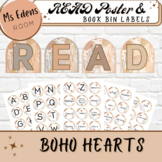 BOHO Hearts READ Posters Book Bin Labels Reading Nook Corn