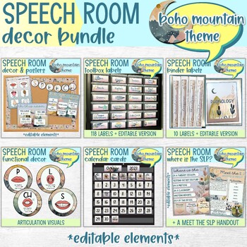 Preview of BOHO MOUNTAIN Speech Room Decor Bundle | SLP Labels Posters Calendar Visuals