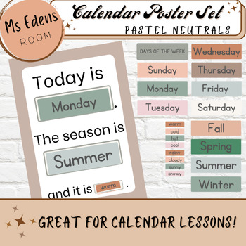 Preview of BOHO Neutral Pastels Calendar Time Days of the Week, Season, Weather Poster Sign