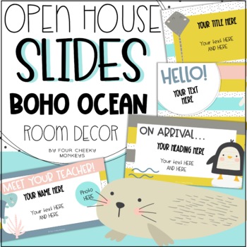 Preview of BOHO OCEAN DECOR // Meet The Teacher Open House Slides EDITABLE