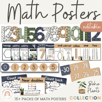 Preview of BOHO PLANTS Math Posters Bundle | Rustic Classroom Decor