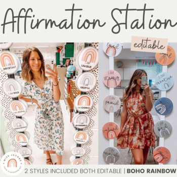 Preview of BOHO RAINBOW Affirmation Station | Neutral Classroom Decor | EDITABLE